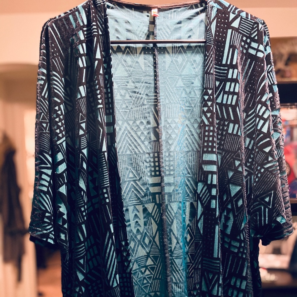 Turquoise Kimono w/ a Black Velvet Geometric Print